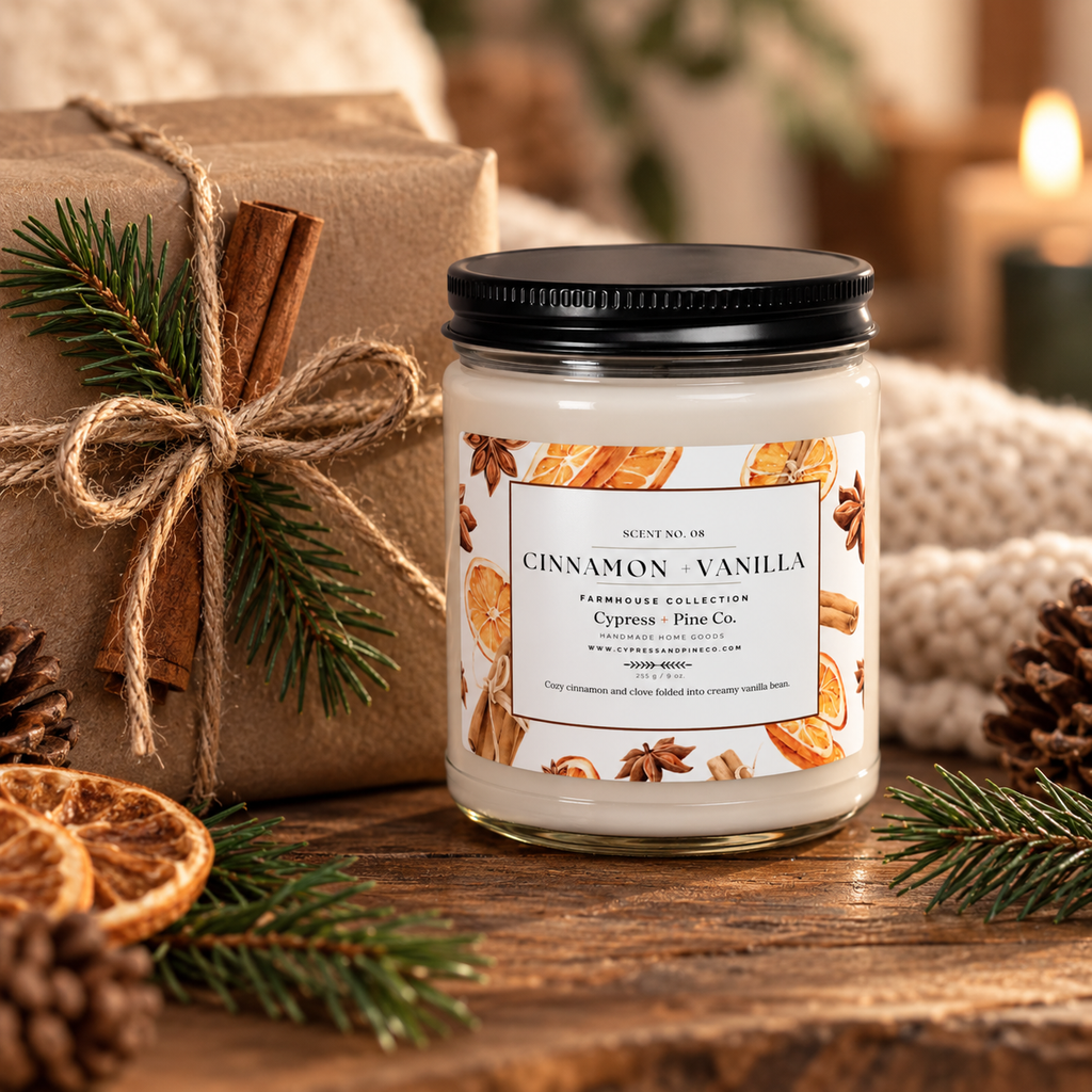 Cinnamon + Vanilla Scented Candle – 9oz Natural Soy Wax Blend