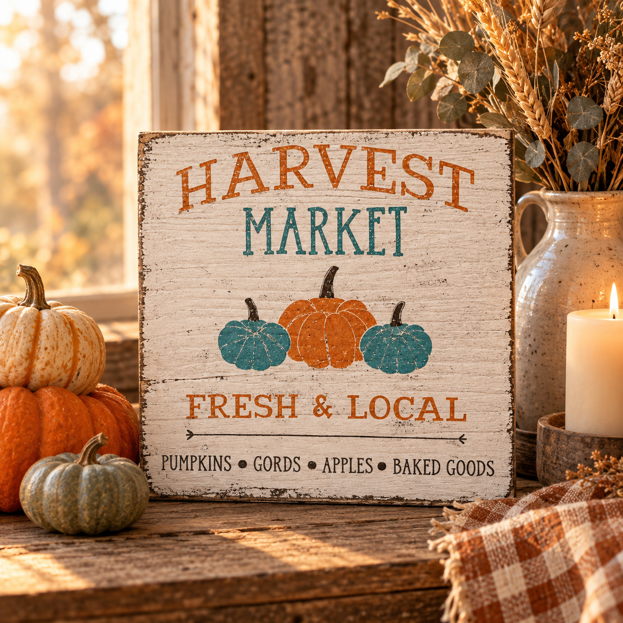 Harvest Market Sign – Farmhouse Fall Tiered Tray Decor (5x5 in)