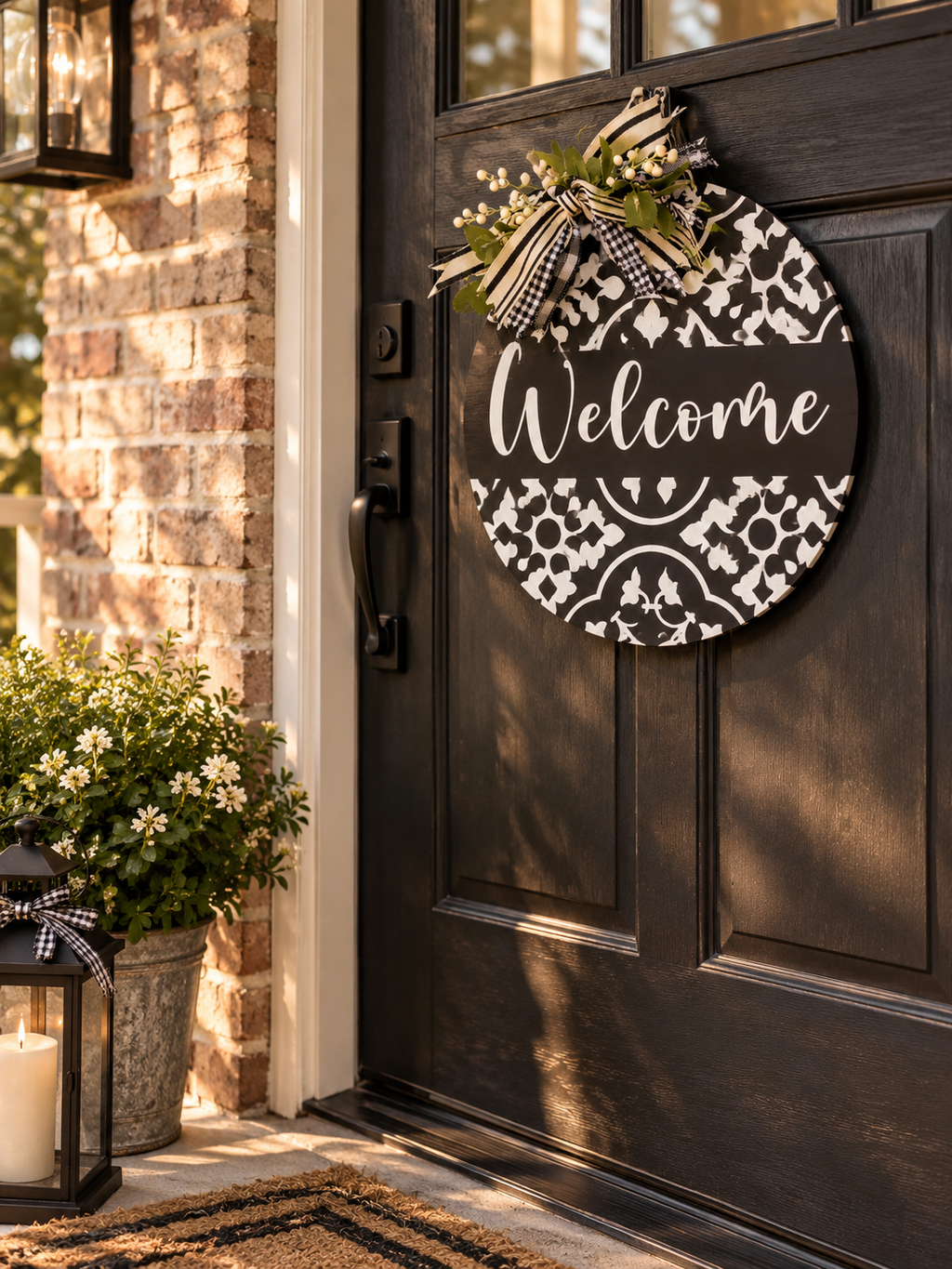 Welcome Door Hanger – Black & White Farmhouse Pine Wood Round Sign