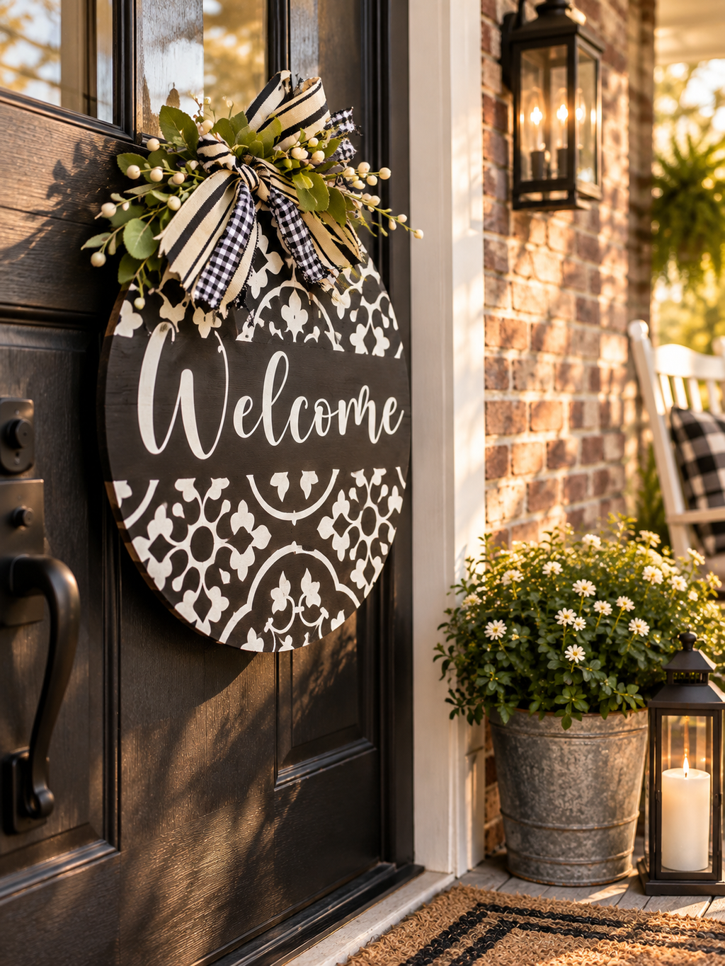 Welcome Door Hanger – Black & White Farmhouse Pine Wood Round Sign