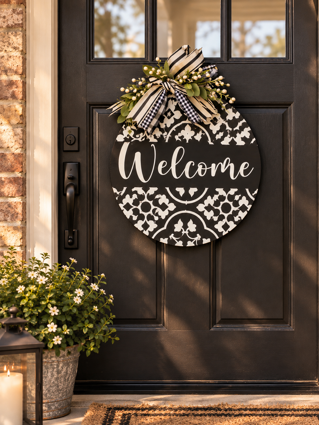 Welcome Door Hanger – Black & White Farmhouse Pine Wood Round Sign