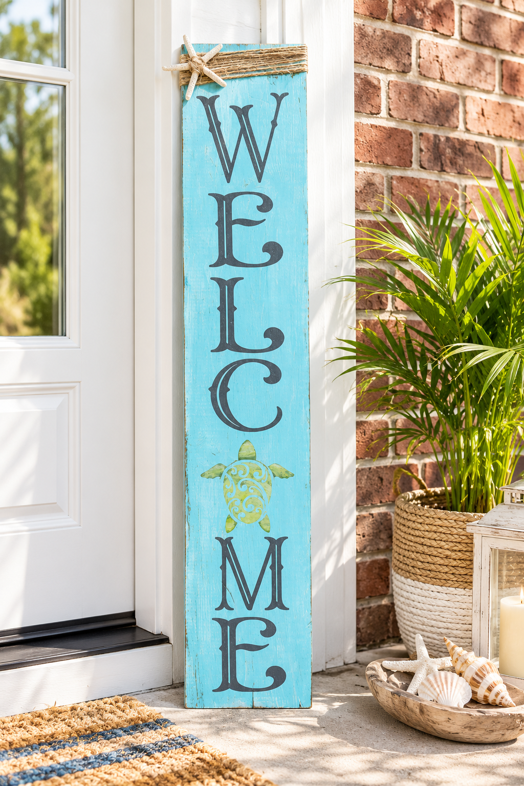 Sea Turtle Welcome Porch Leaner – Coastal Aqua Blue Outdoor Sign (10”×48”)