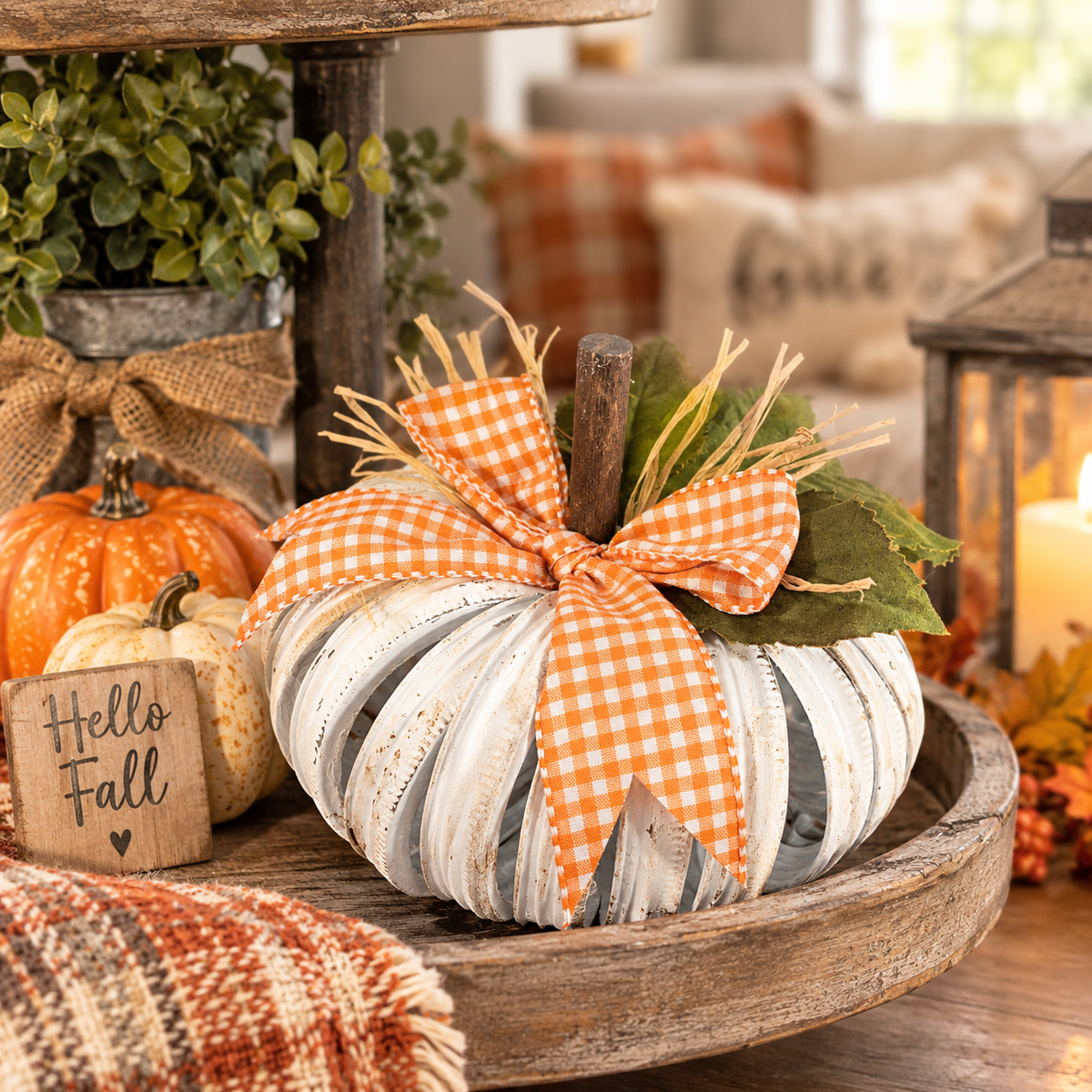 Rustic White Mason Jar Lid Pumpkin - Fall Table & Tiered Tray Decor (8"x4")