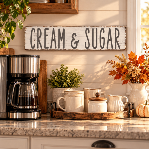 Cream & Sugar Farmhouse Sign – Rustic Kitchen Wall Decor (24”×5.5”)