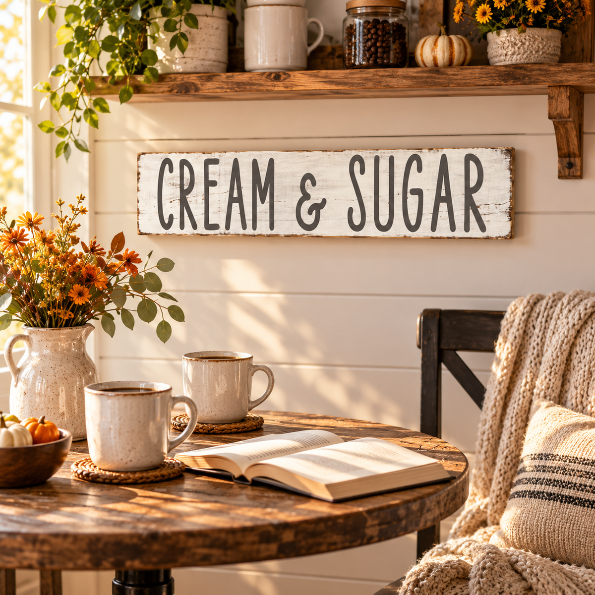 Cream & Sugar Farmhouse Sign – Rustic Kitchen Wall Decor (24”×5.5”)