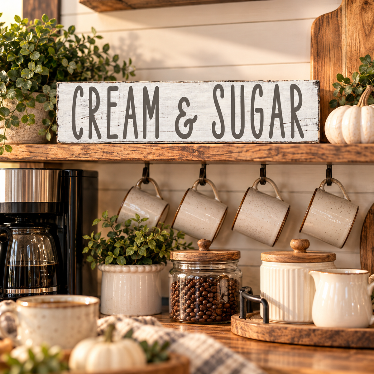 Cream & Sugar Farmhouse Sign – Rustic Kitchen Wall Decor (24”×5.5”)