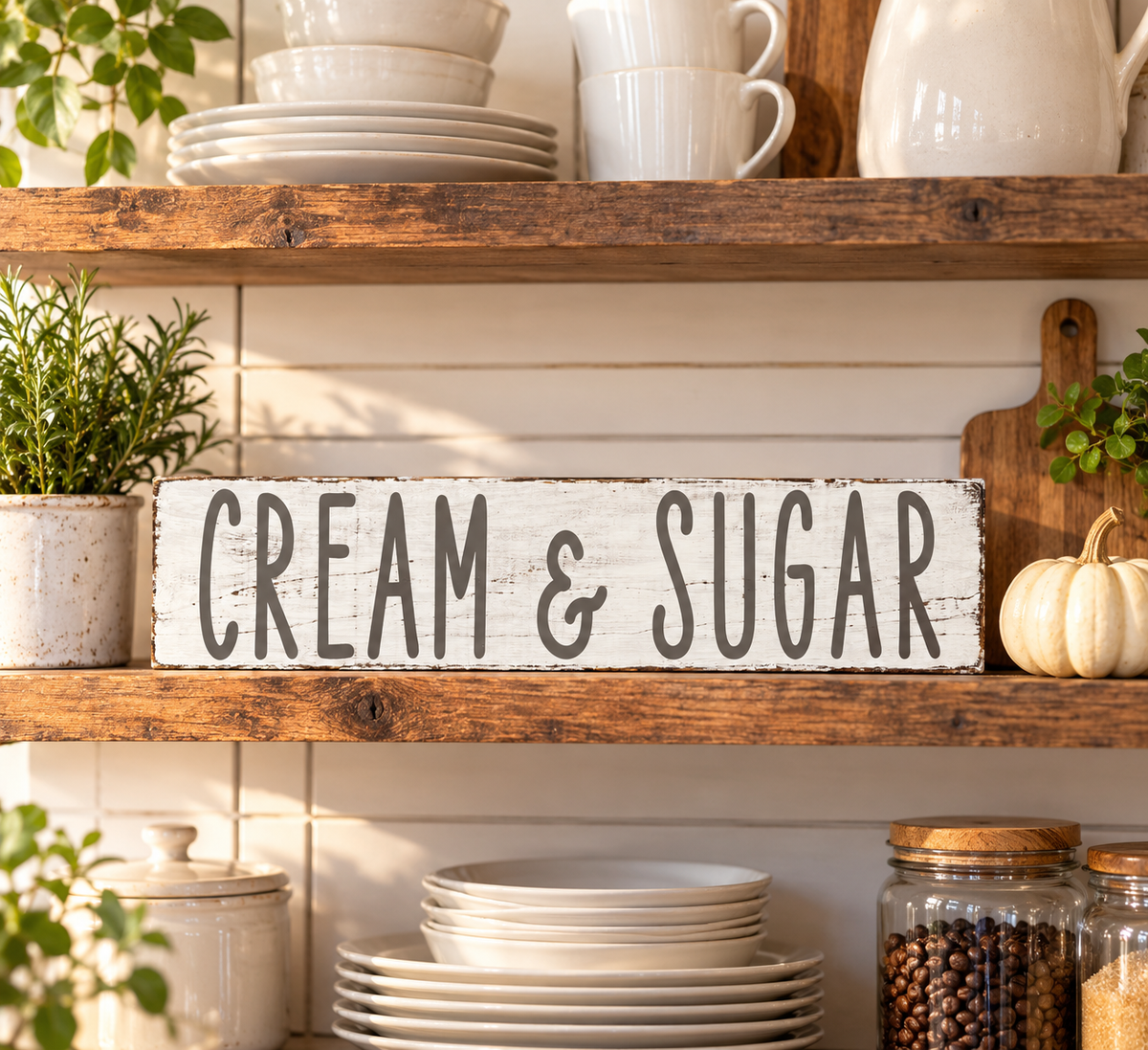 Cream & Sugar Farmhouse Sign – Rustic Kitchen Wall Decor (24”×5.5”)
