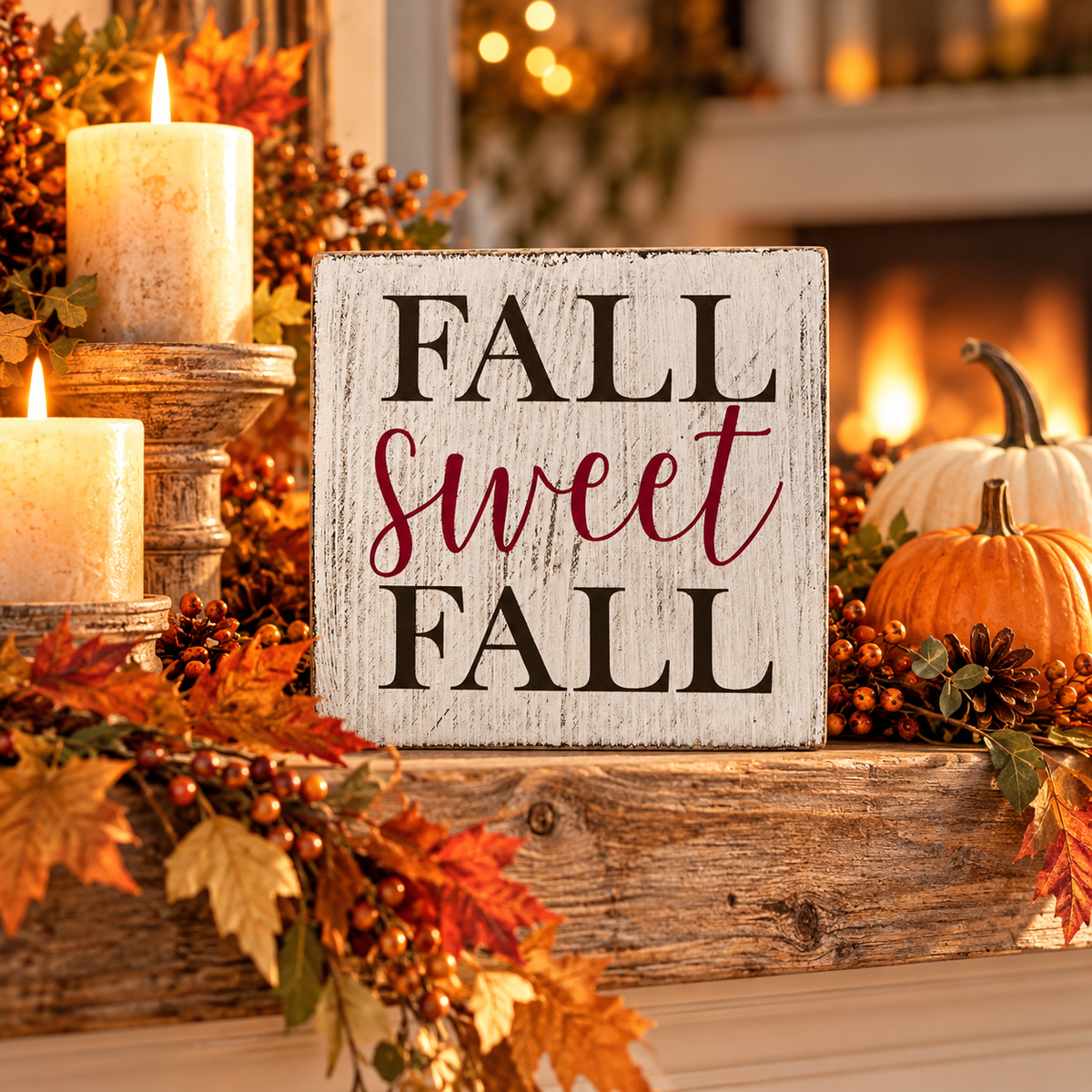 Fall Sweet Fall – Farmhouse Wood Block Sign (5”×5”)