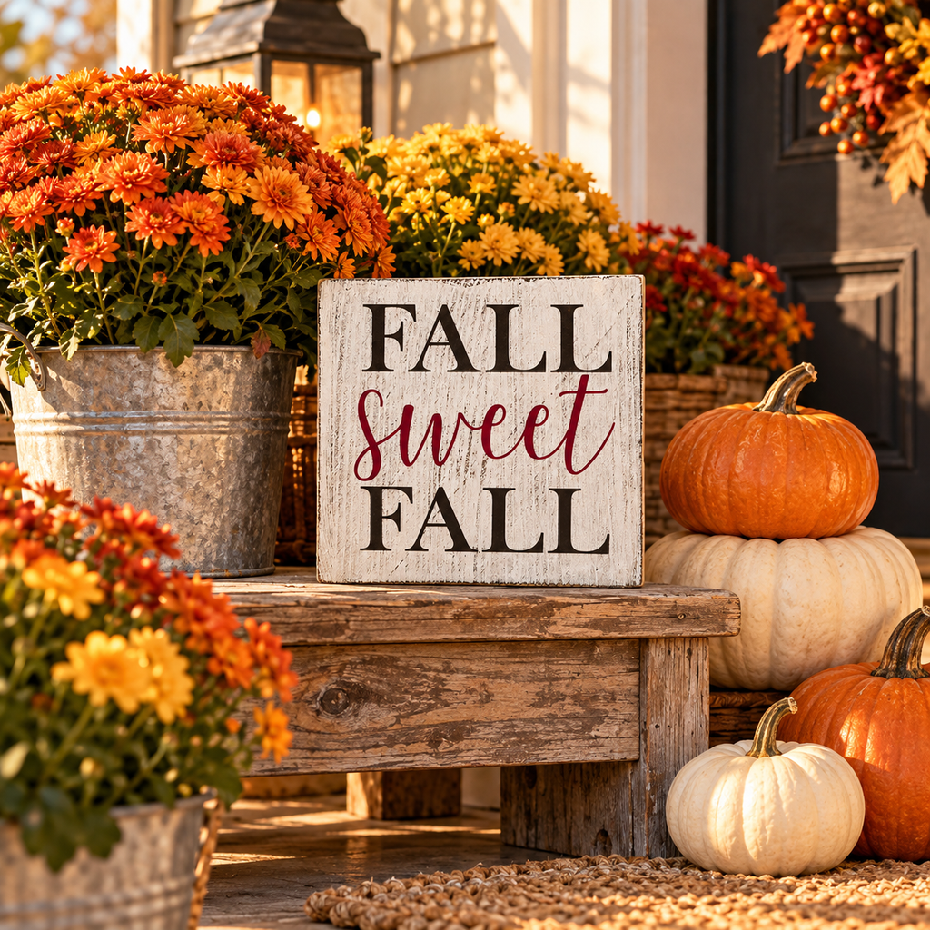 Fall Sweet Fall – Farmhouse Wood Block Sign (5”×5”)