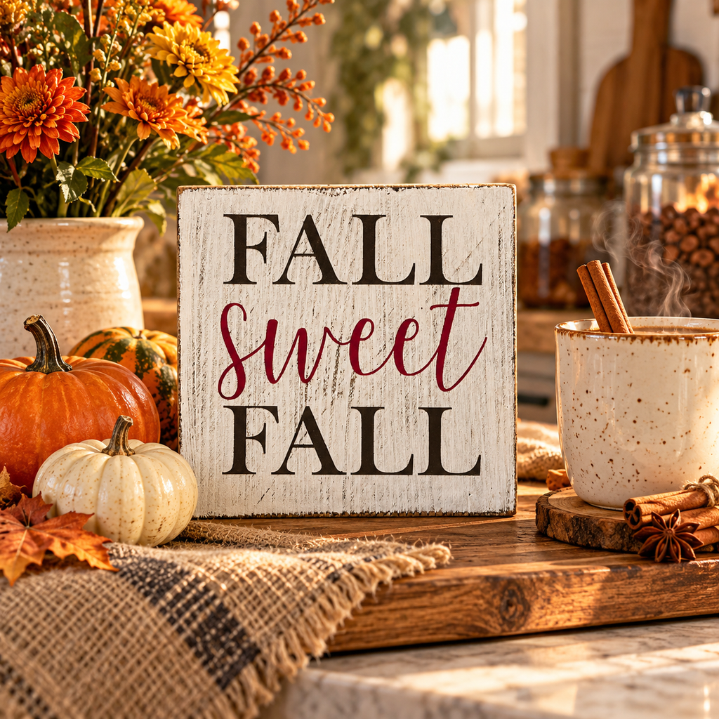 Fall Sweet Fall – Farmhouse Wood Block Sign (5”×5”)