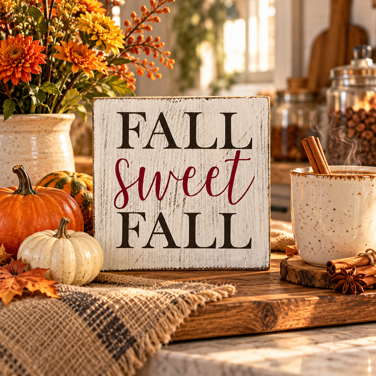 Fall Sweet Fall – Farmhouse Wood Block Sign (5”×5”)