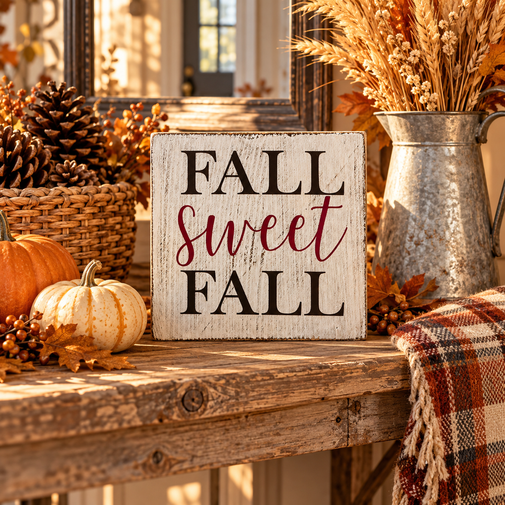 Fall Sweet Fall – Farmhouse Wood Block Sign (5”×5”)