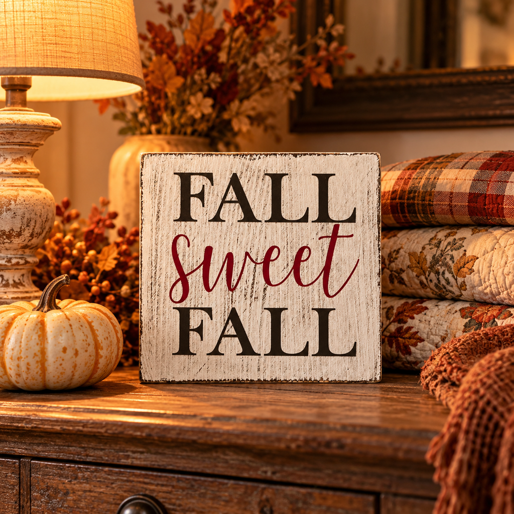Fall Sweet Fall – Farmhouse Wood Block Sign (5”×5”)