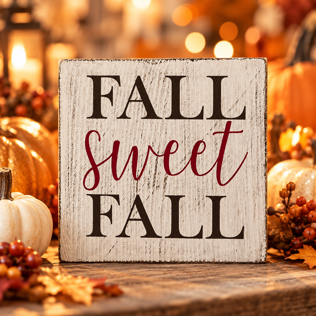Fall Sweet Fall – Farmhouse Wood Block Sign (5”×5”)