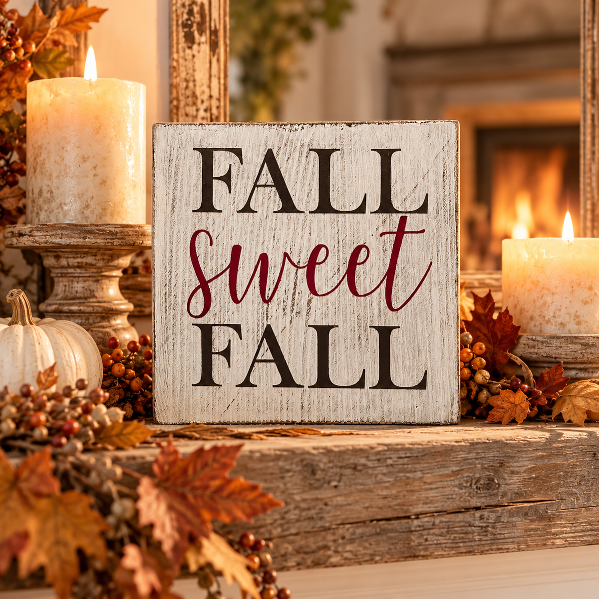 Fall Sweet Fall – Farmhouse Wood Block Sign (5”×5”)