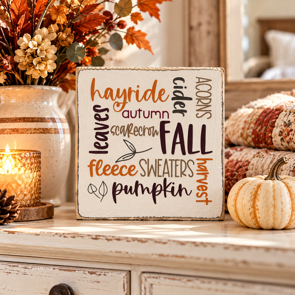 Fall Favorites Wood Block Sign – Farmhouse Tiered Tray Autumn Decor (5x5 in)