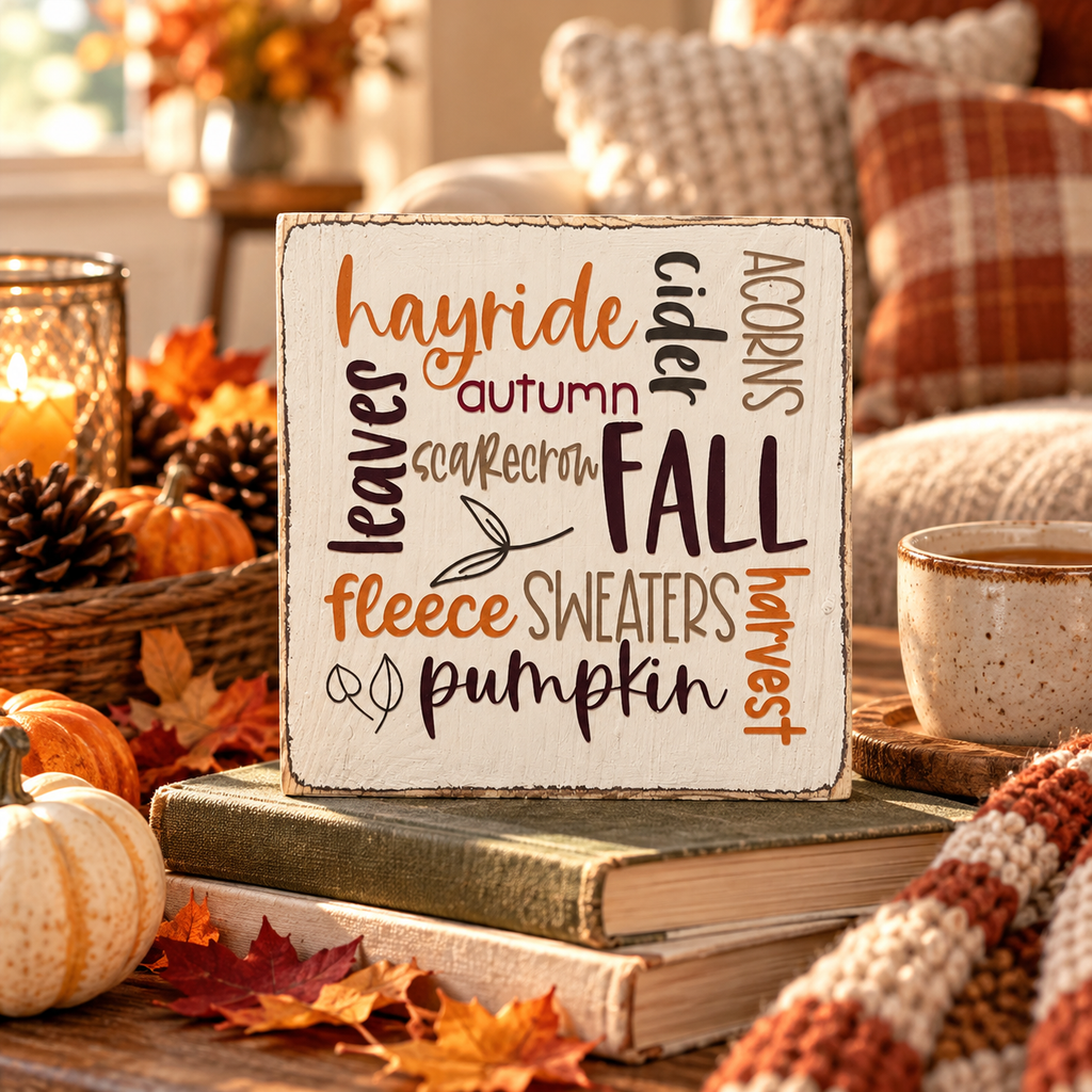 Fall Favorites Wood Block Sign – Farmhouse Tiered Tray Autumn Decor (5x5 in)