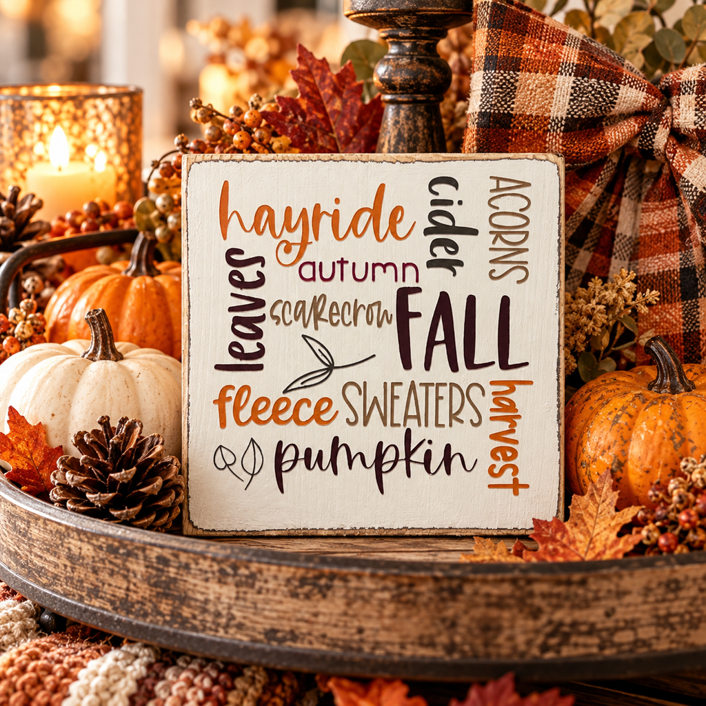 Fall Favorites Wood Block Sign – Farmhouse Tiered Tray Autumn Decor (5x5 in)