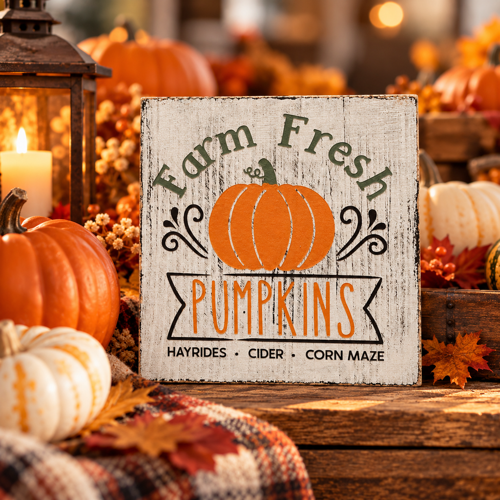 Farm Fresh Pumpkins Sign – Rustic Fall Tiered Tray Decor (5x5 in)