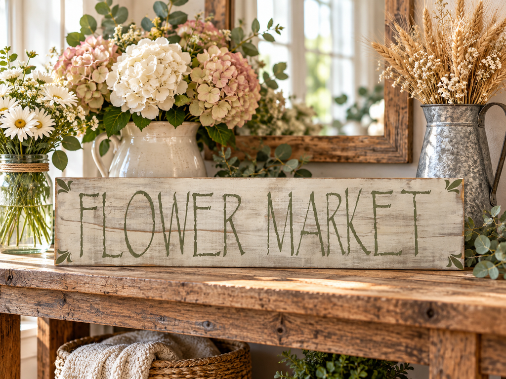 Farmhouse Flower Market Sign – Rustic Sage Green Wood Decor (24x5.5 in)