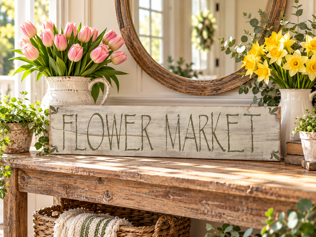 Farmhouse Flower Market Sign – Rustic Sage Green Wood Decor (24x5.5 in)