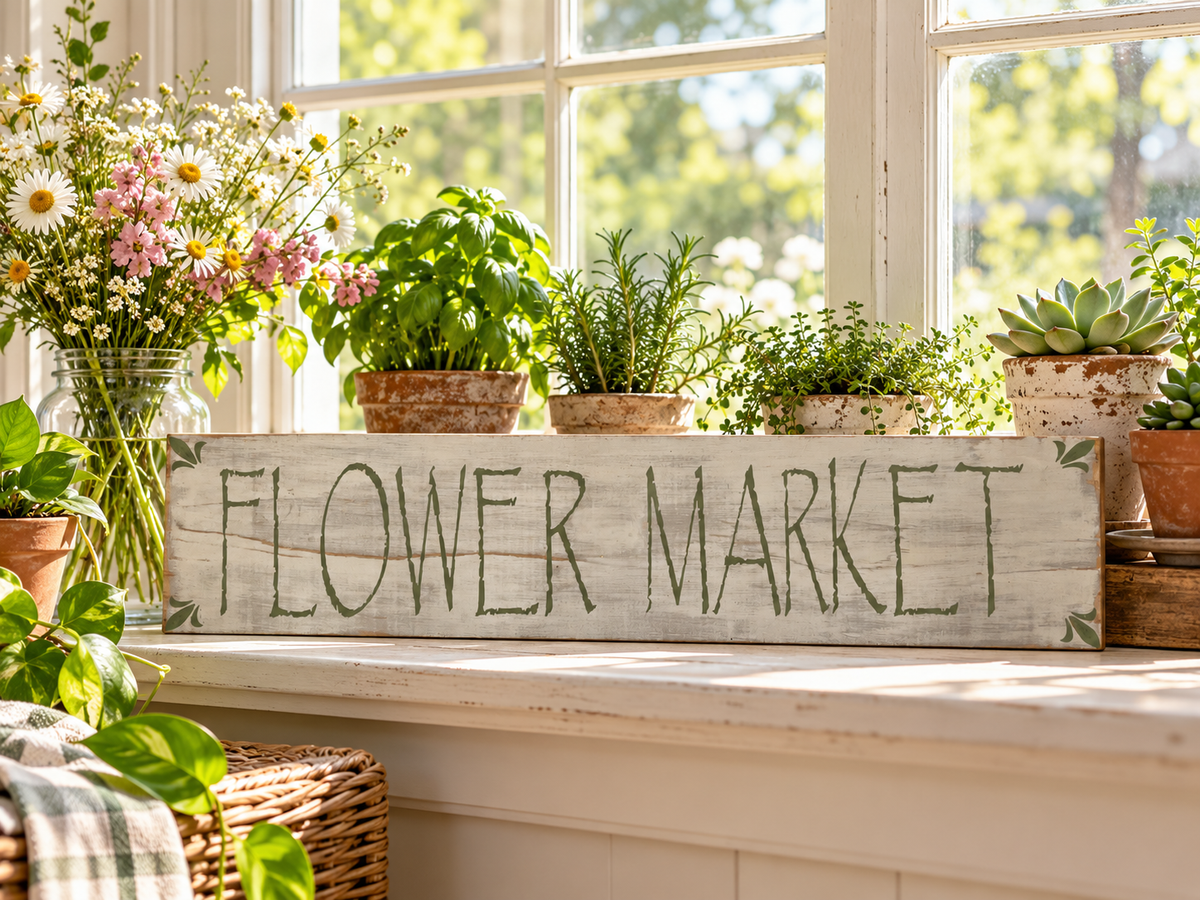Farmhouse Flower Market Sign – Rustic Sage Green Wood Decor (24x5.5 in)