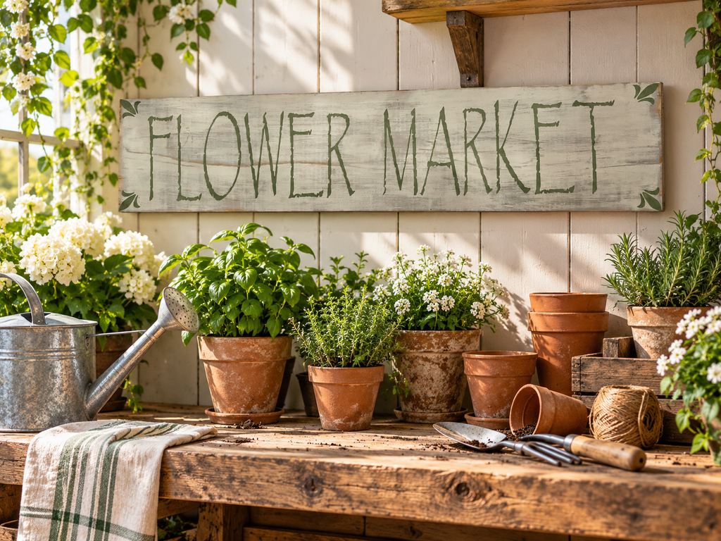 Farmhouse Flower Market Sign – Rustic Sage Green Wood Decor (24x5.5 in)