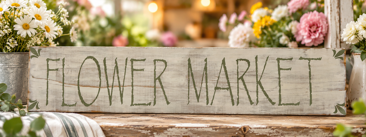 Farmhouse Flower Market Sign – Rustic Sage Green Wood Decor (24x5.5 in)