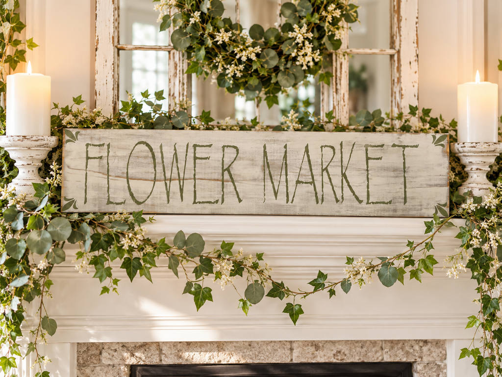 Farmhouse Flower Market Sign – Rustic Sage Green Wood Decor (24x5.5 in)