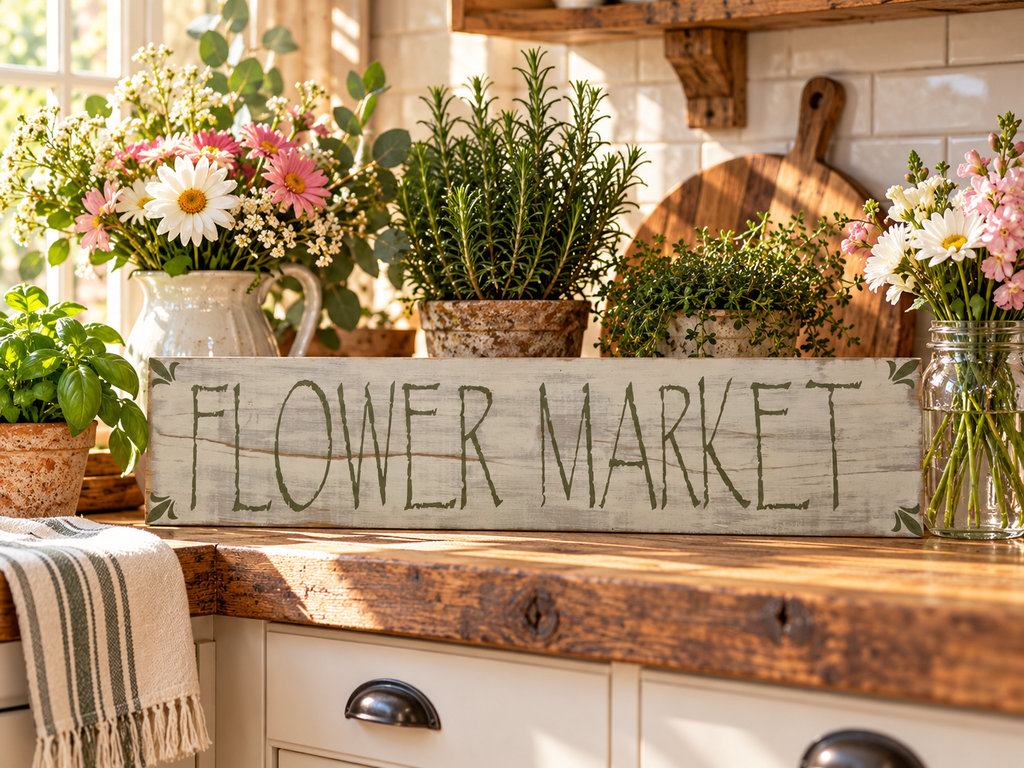 Farmhouse Flower Market Sign – Rustic Sage Green Wood Decor (24x5.5 in)
