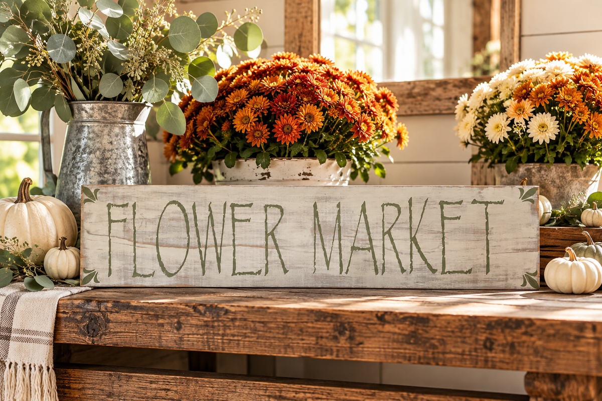 Farmhouse Flower Market Sign – Rustic Sage Green Wood Decor (24x5.5 in)