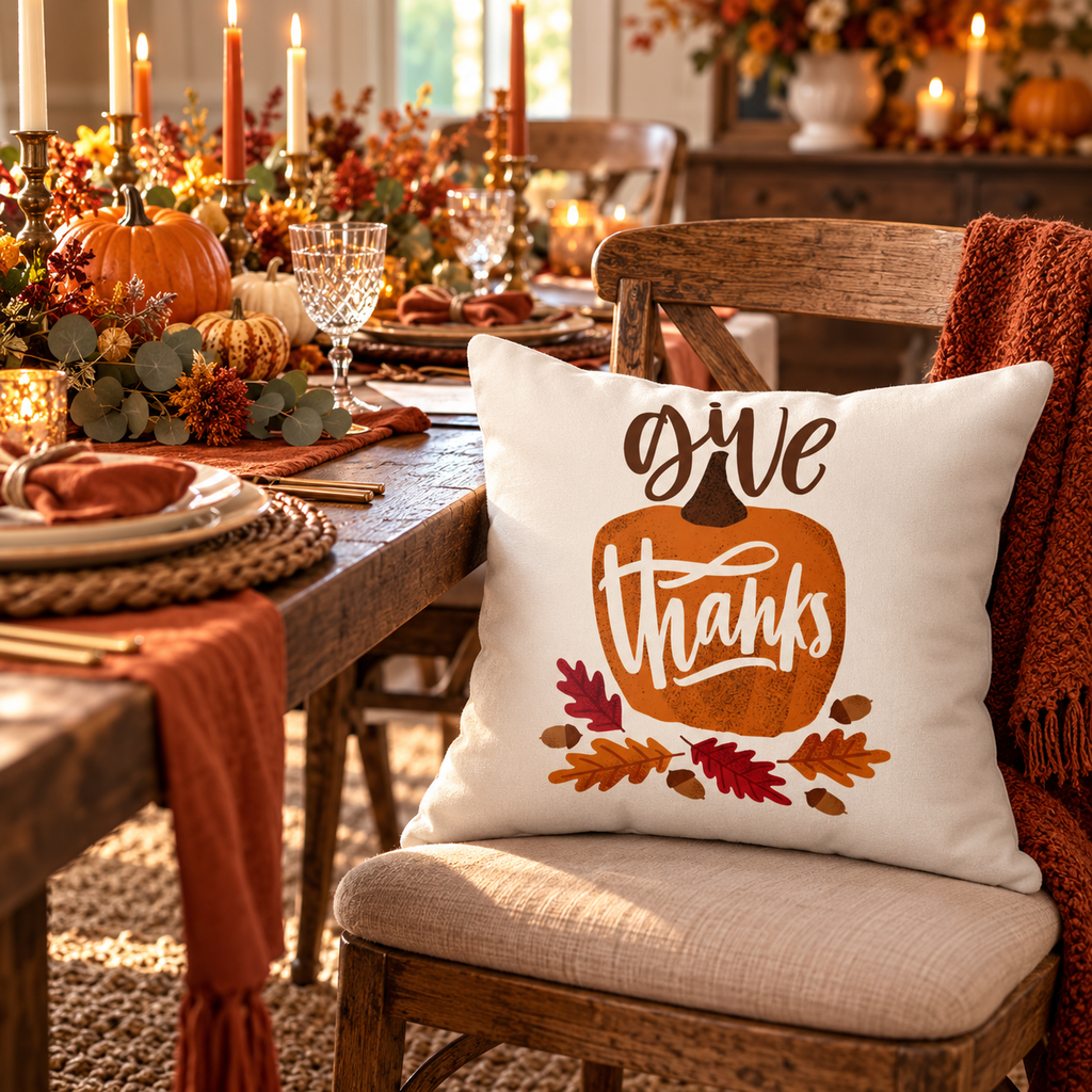 Give Thanks Pillow Cover – Pumpkin & Oak Leaf, Fall Farmhouse Cushion Cover (Cover Only)