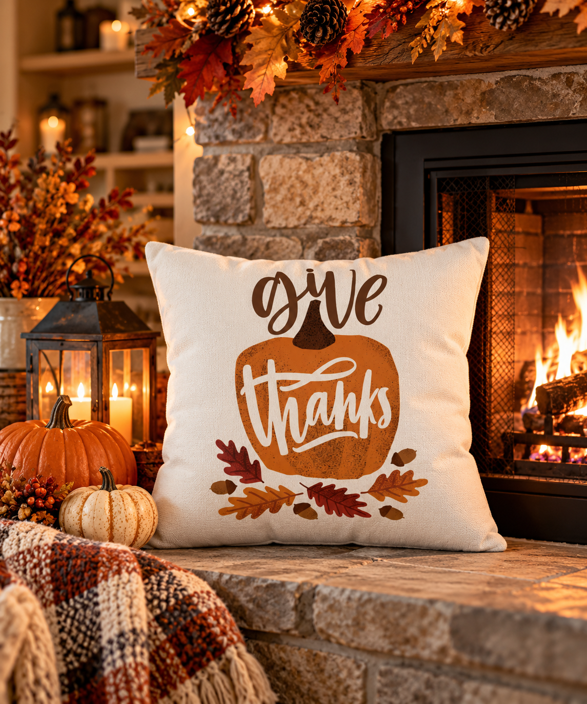Give Thanks Pillow Cover – Pumpkin & Oak Leaf, Fall Farmhouse Cushion Cover (Cover Only)