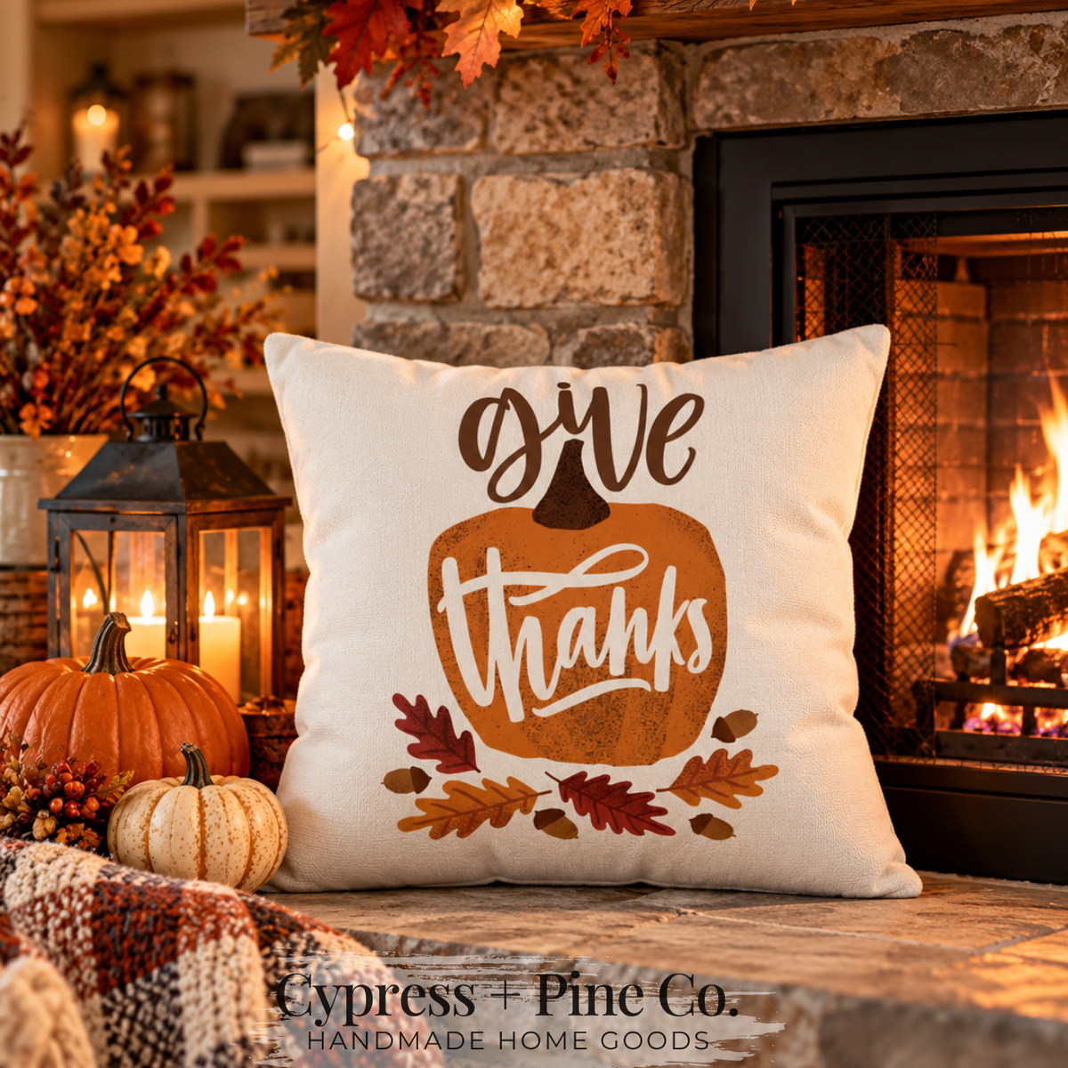 Give Thanks Pillow Cover – Pumpkin & Oak Leaf, Fall Farmhouse Cushion Cover (Cover Only)