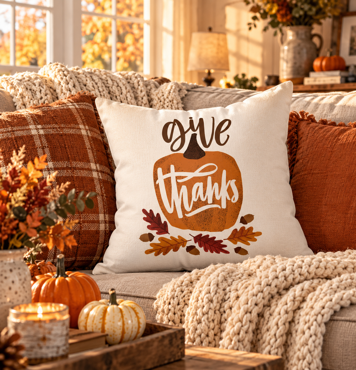 Give Thanks Pillow Cover – Pumpkin & Oak Leaf, Fall Farmhouse Cushion Cover (Cover Only)
