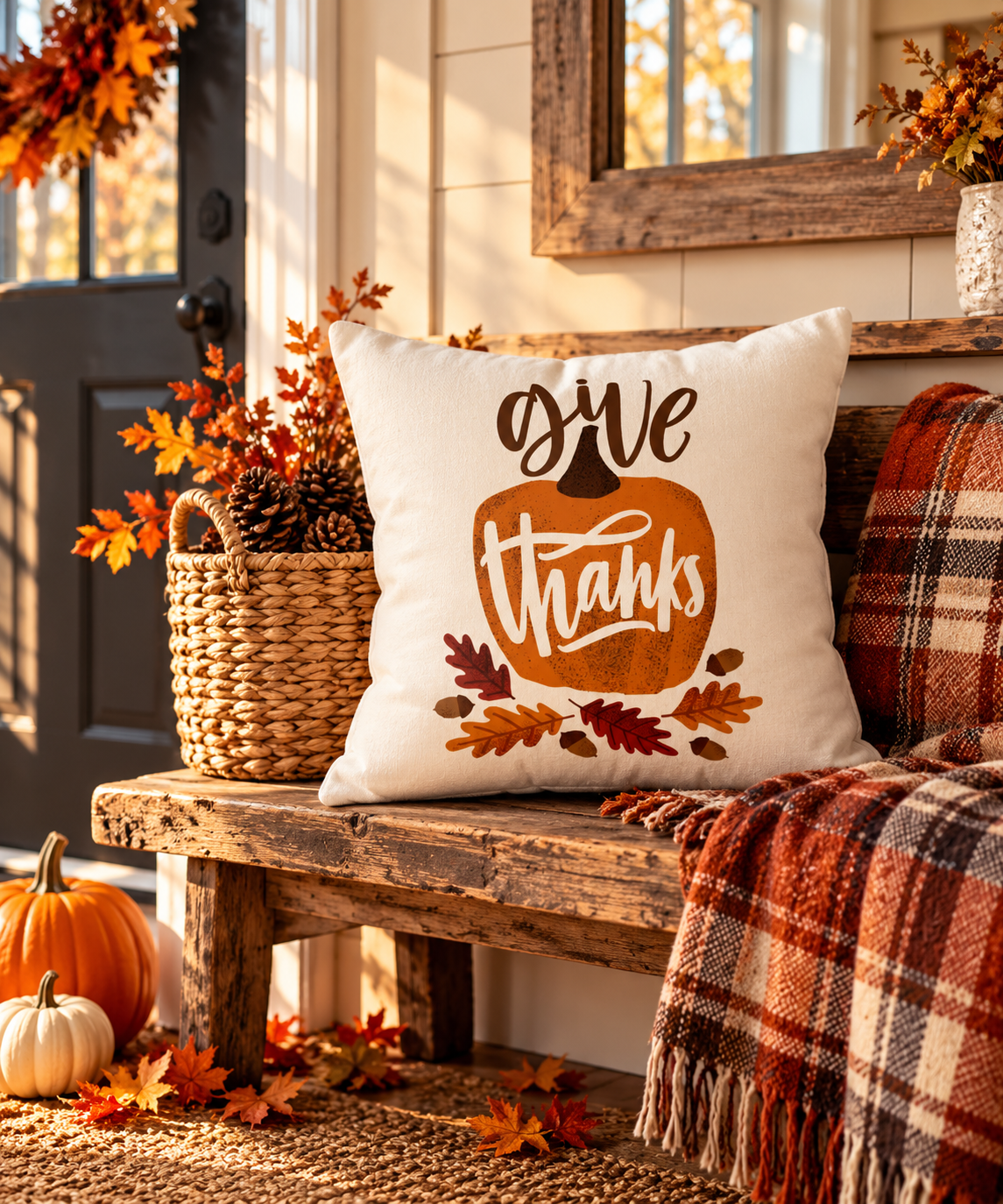 Give Thanks Pillow Cover – Pumpkin & Oak Leaf, Fall Farmhouse Cushion Cover (Cover Only)