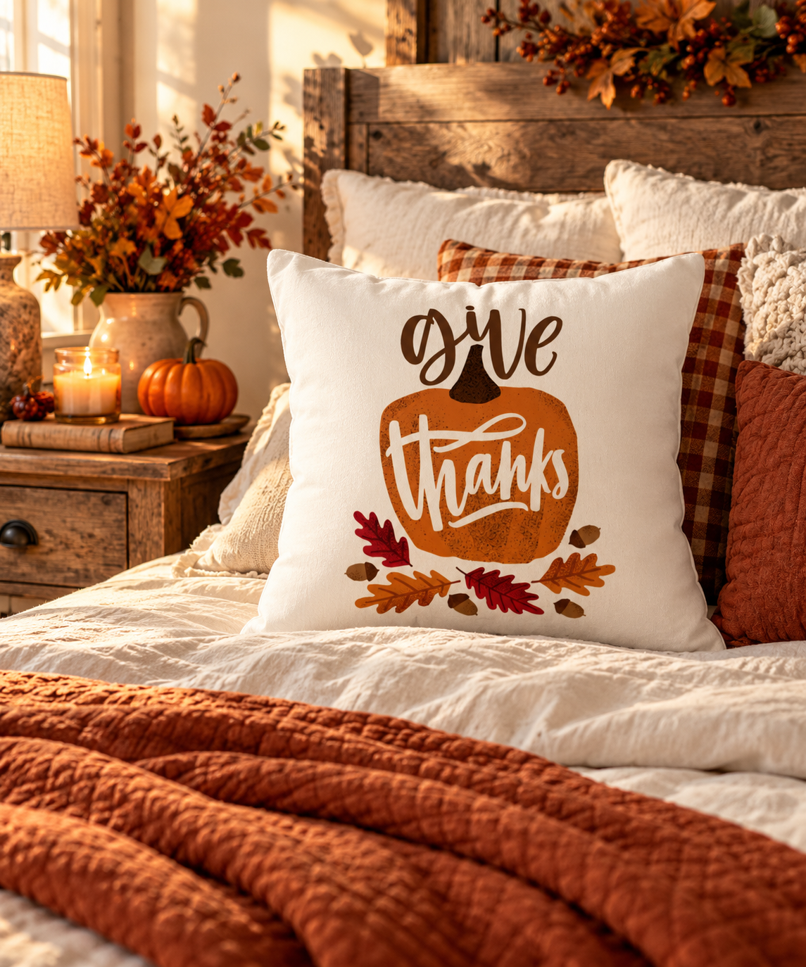Give Thanks Pillow Cover – Pumpkin & Oak Leaf, Fall Farmhouse Cushion Cover (Cover Only)
