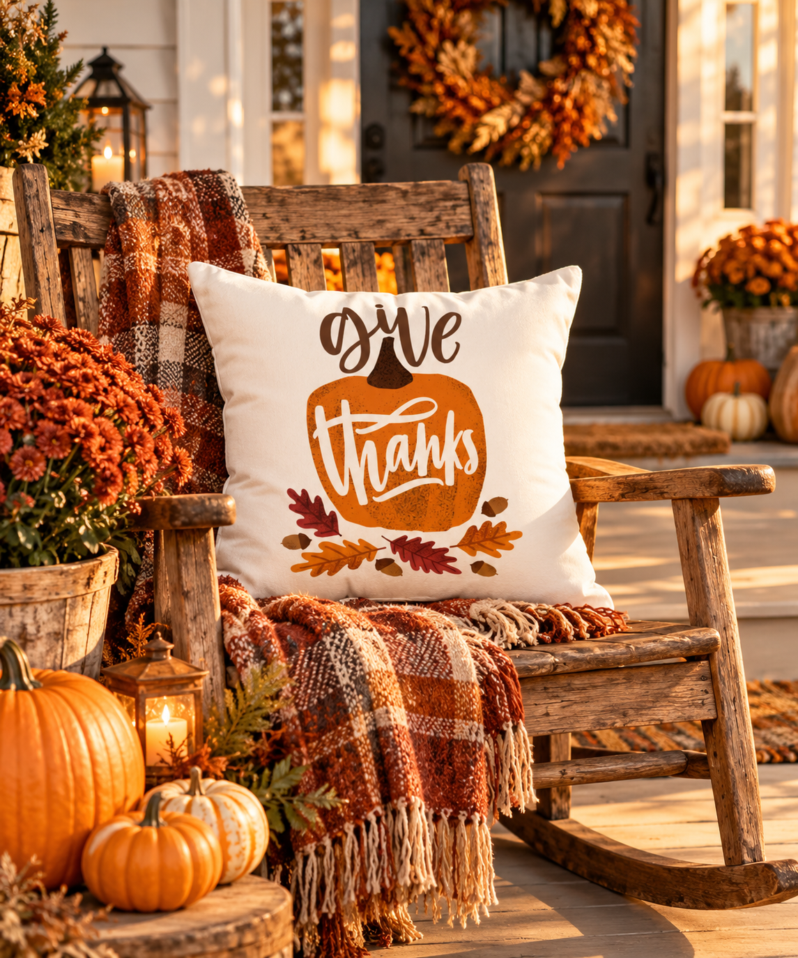 Give Thanks Pillow Cover – Pumpkin & Oak Leaf, Fall Farmhouse Cushion Cover (Cover Only)