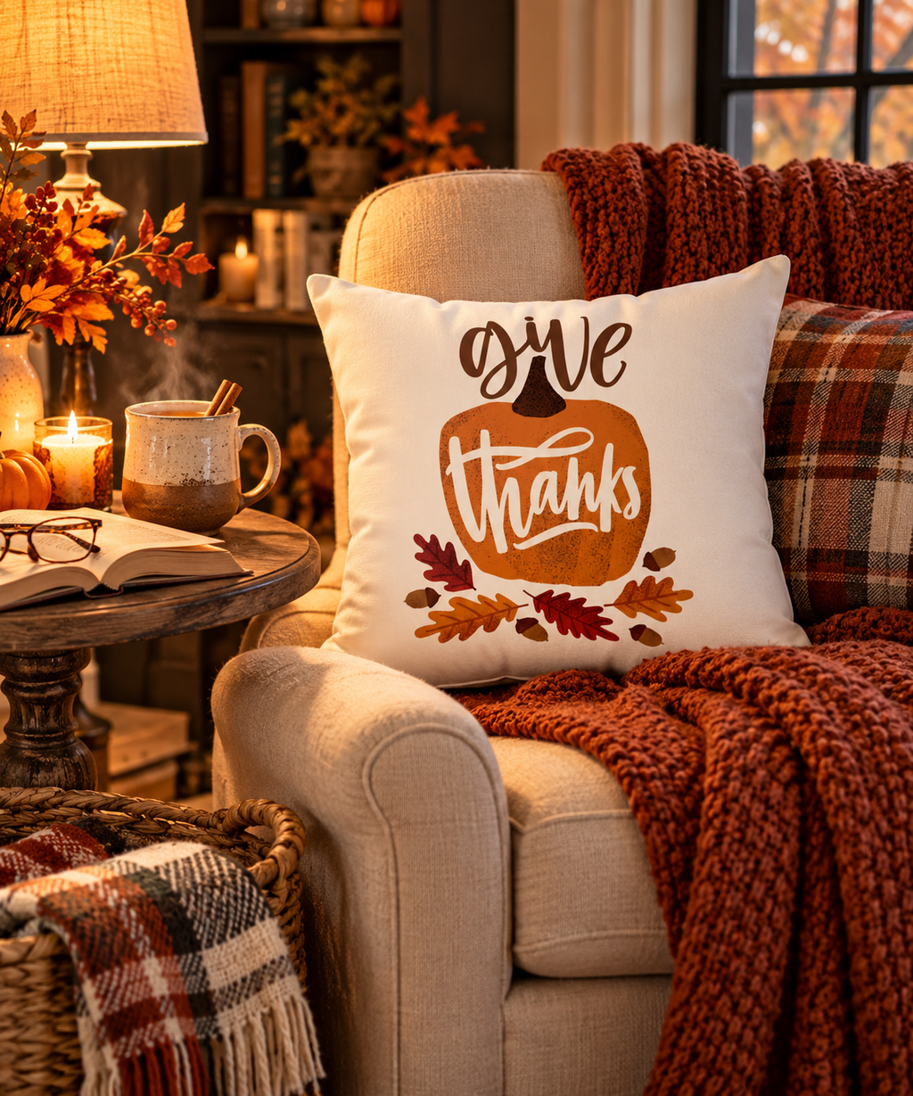 Give Thanks Pillow Cover – Pumpkin & Oak Leaf, Fall Farmhouse Cushion Cover (Cover Only)