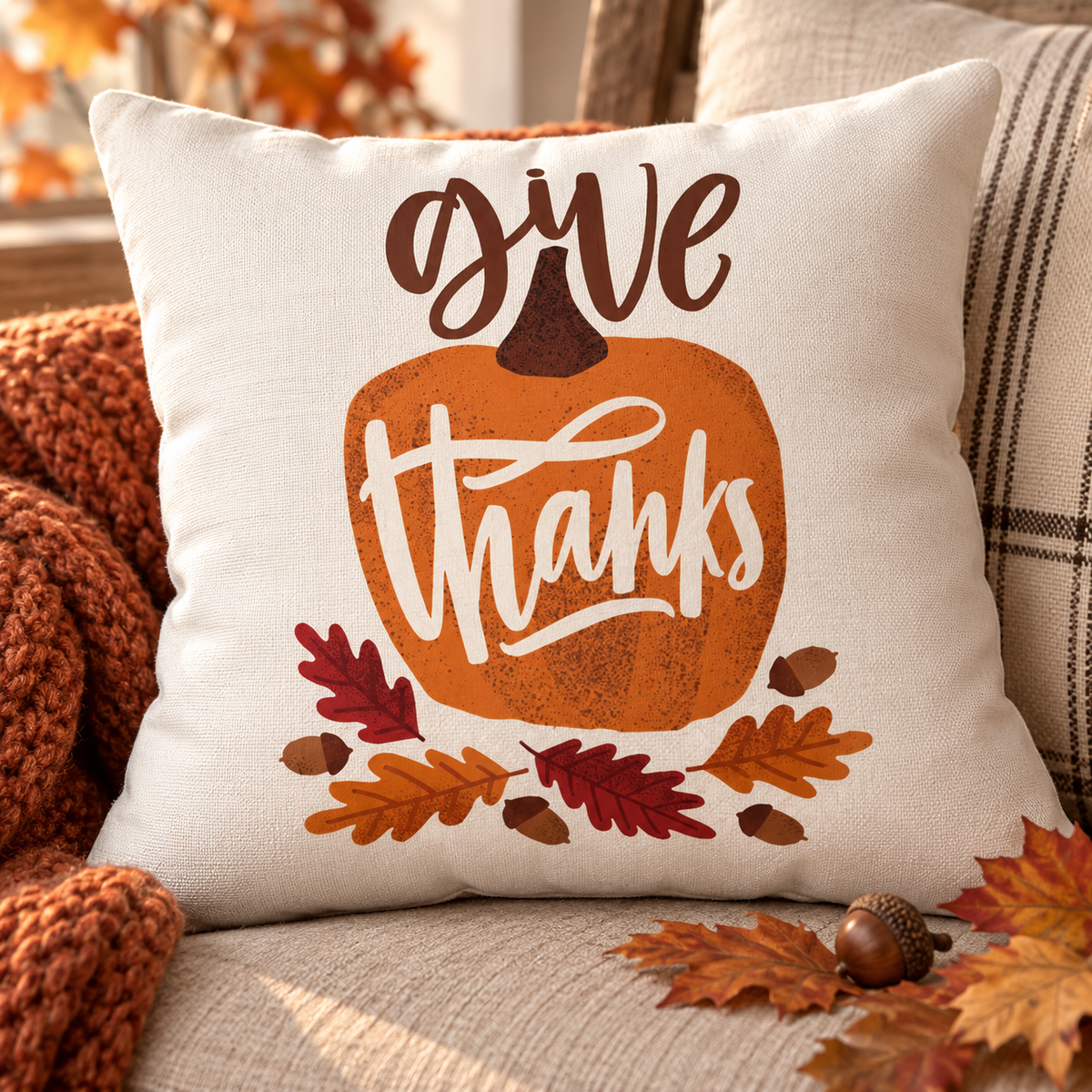 Give Thanks Pillow Cover – Pumpkin & Oak Leaf, Fall Farmhouse Cushion Cover (Cover Only)