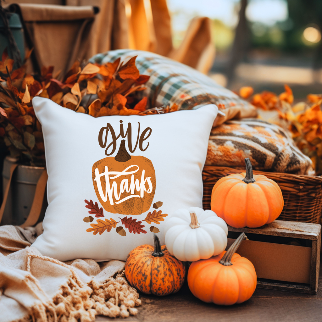 Give Thanks Pillow Cover – Pumpkin & Oak Leaf, Fall Farmhouse Cushion Cover (Cover Only)