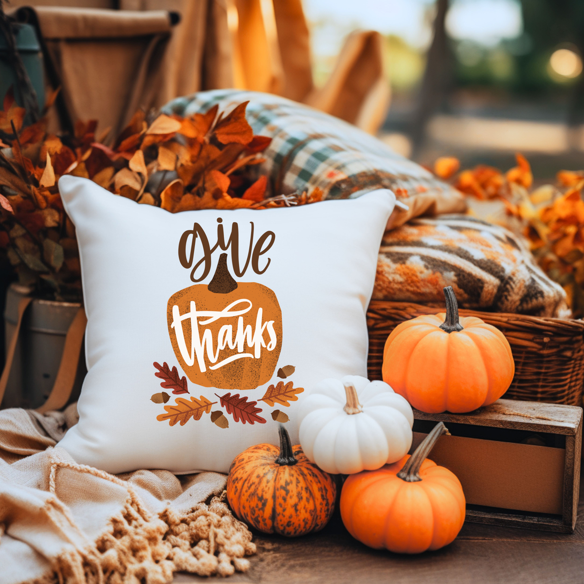 Give Thanks Pillow Cover – Pumpkin & Oak Leaf, Fall Farmhouse Cushion Cover (Cover Only)