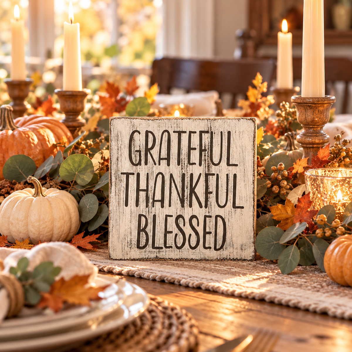 Grateful Thankful Blessed – Farmhouse Fall Wood Sign (5”×5”)