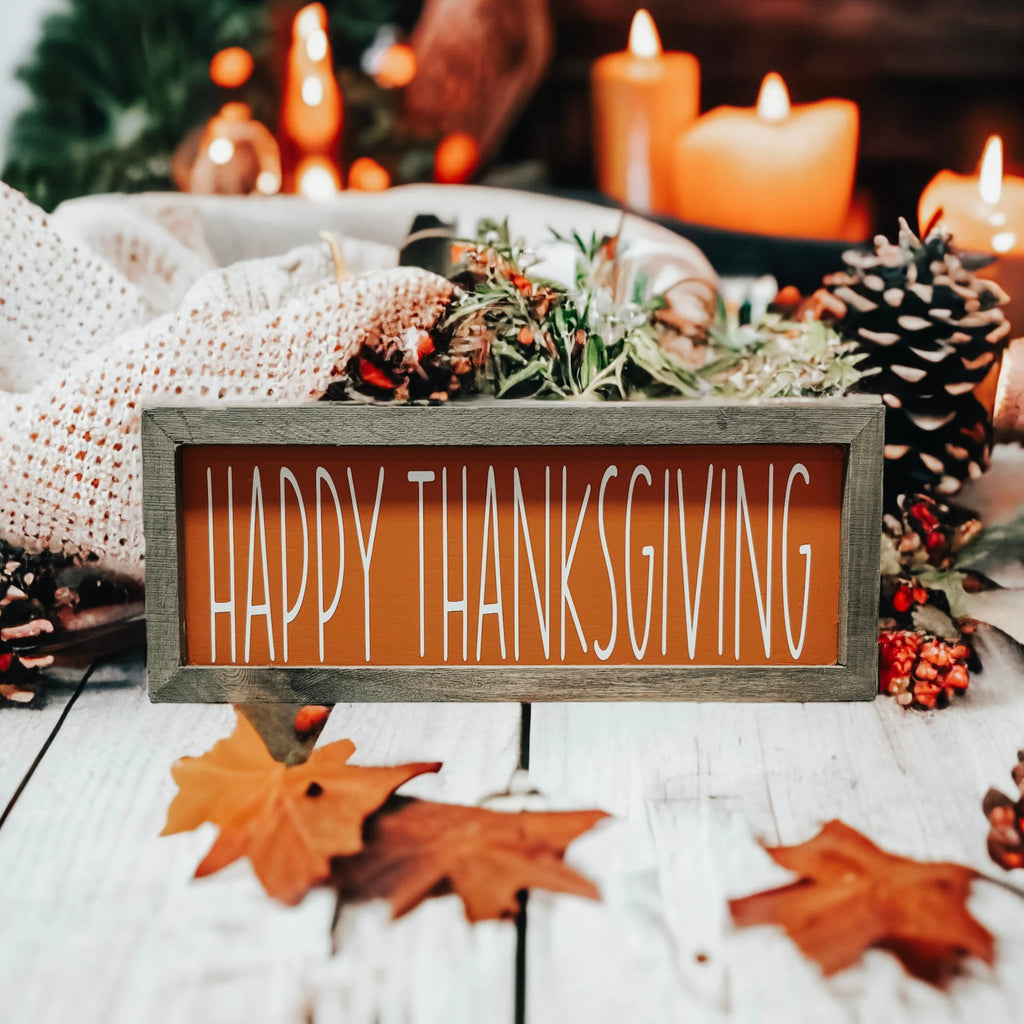 Rustic Happy Thanksgiving orange wood sign with grey frame product shot on white background