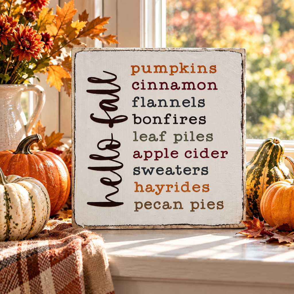 Farmhouse Fall Tiered Tray Sign – Hello Fall Favorites (5x5 in)