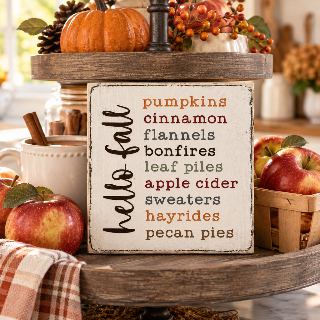Farmhouse Fall Tiered Tray Sign – Hello Fall Favorites (5x5 in)