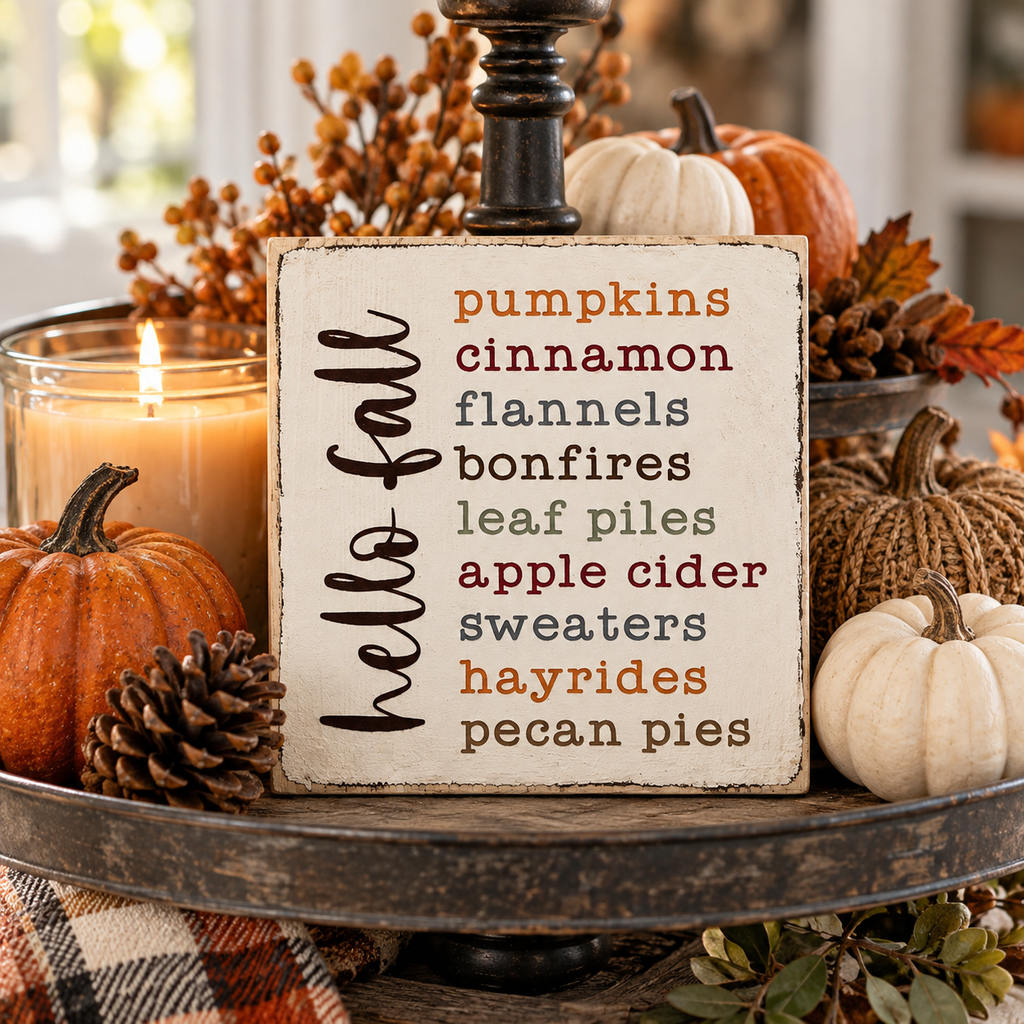 Farmhouse Fall Tiered Tray Sign – Hello Fall Favorites (5x5 in)