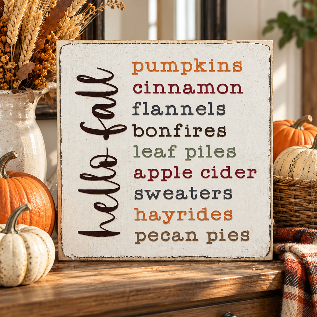 Farmhouse Fall Tiered Tray Sign – Hello Fall Favorites (5x5 in)