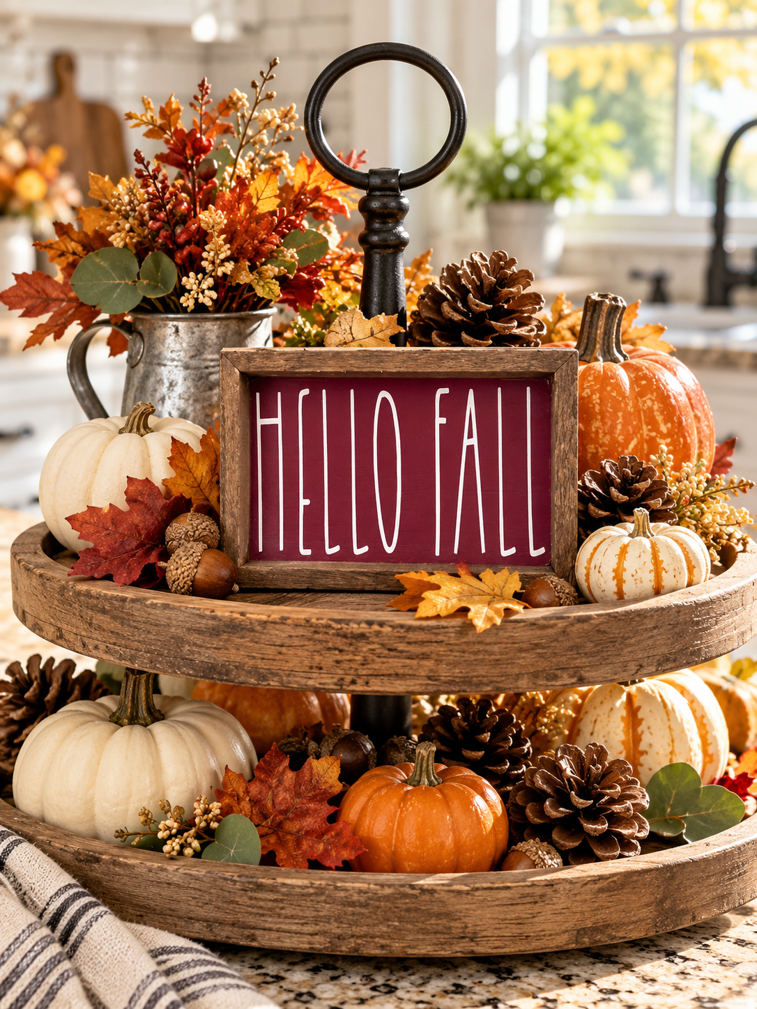 Hello Fall Framed Wood Sign – Farmhouse Tiered Tray Decor (6”×4”)