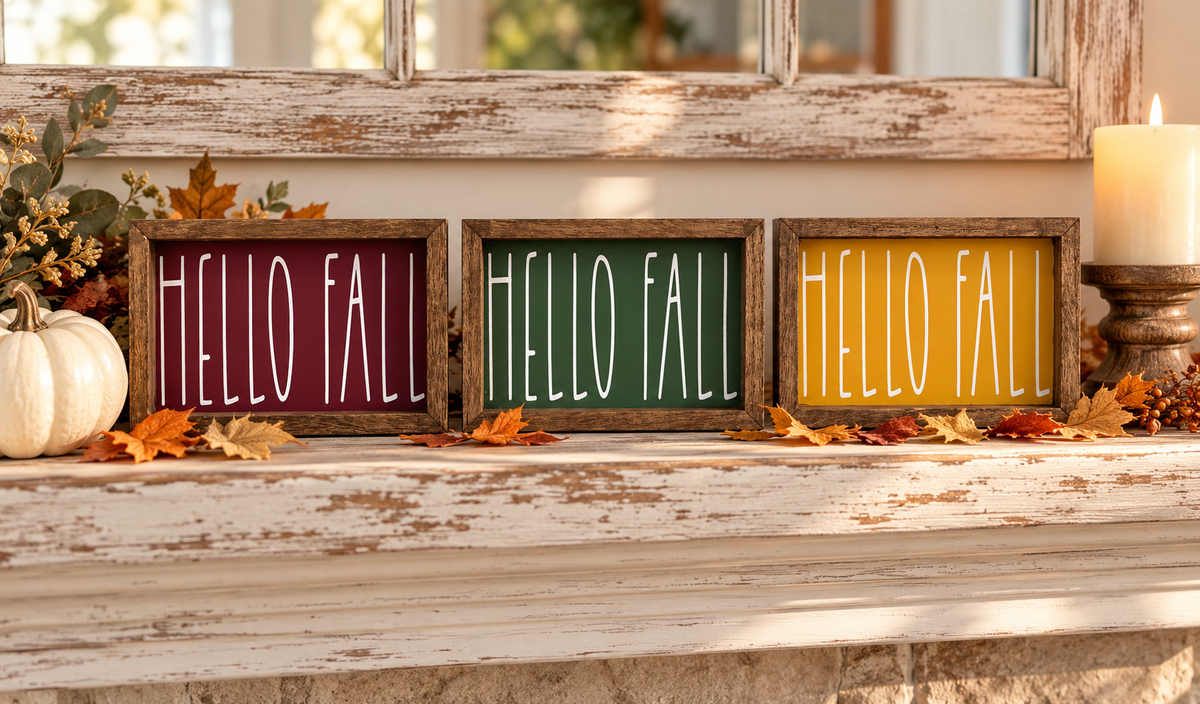 Hello Fall Framed Wood Sign – Farmhouse Tiered Tray Decor (6”×4”)